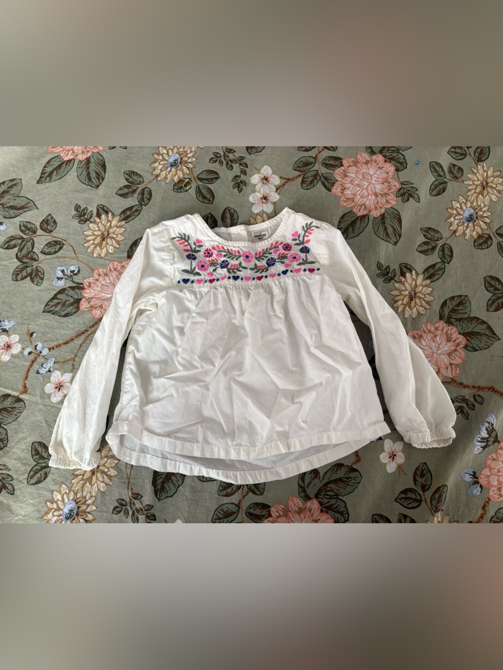 OshKosh B'gosh White Long-Sleeve Blouse with Pink & Blue Floral Embroidery
